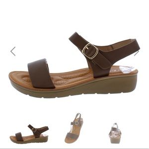 Coffee Open Toe Ankle Strap Low Wedge Sandal